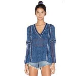 ALICE & OLIVIA Blue Sheer Natalya Lace Peasant Blouse Size Large